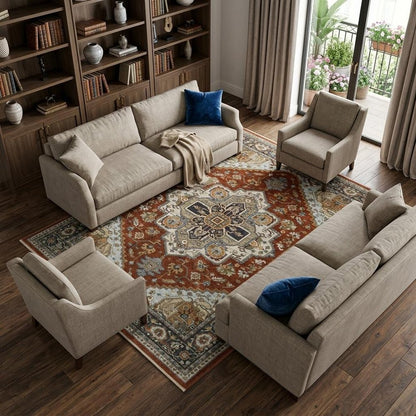 7' X 10' Red And Blue Oriental Area Rug With Fringe