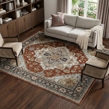 7' X 10' Red And Blue Oriental Area Rug With Fringe