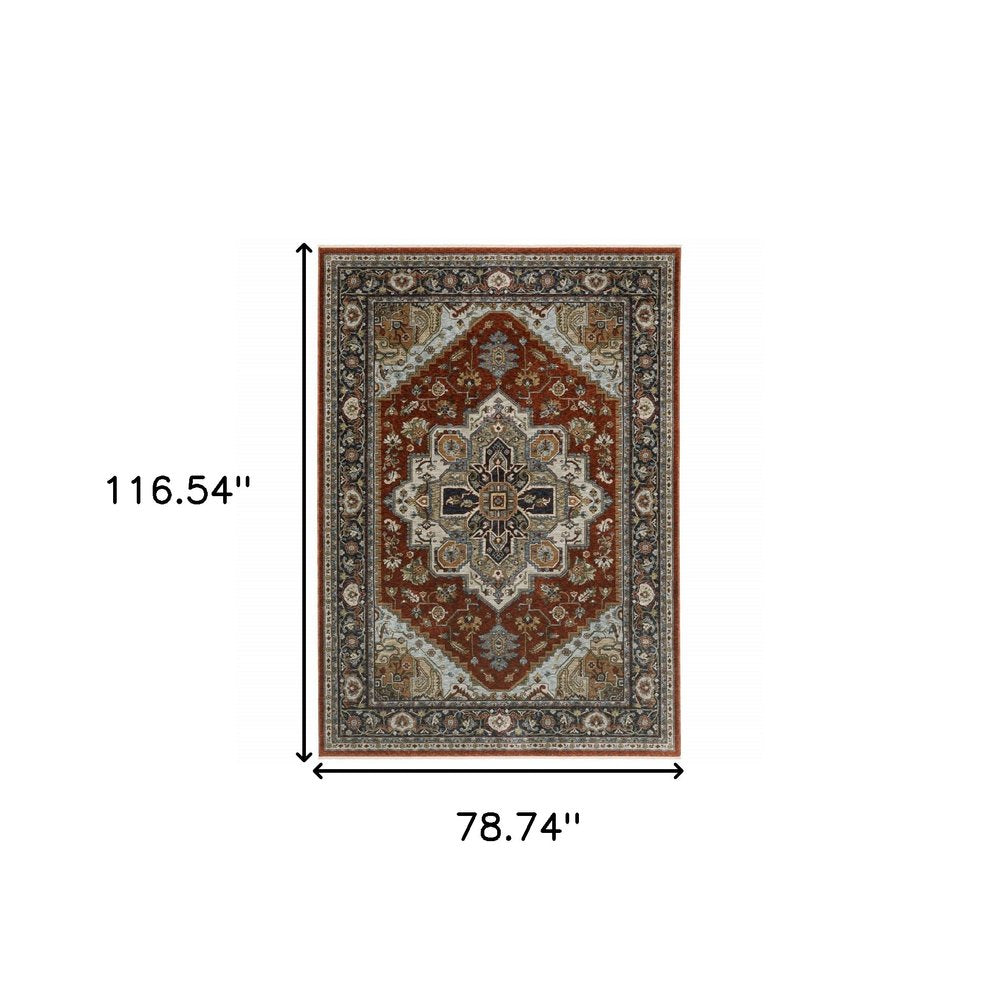 7' X 10' Red And Blue Oriental Area Rug With Fringe
