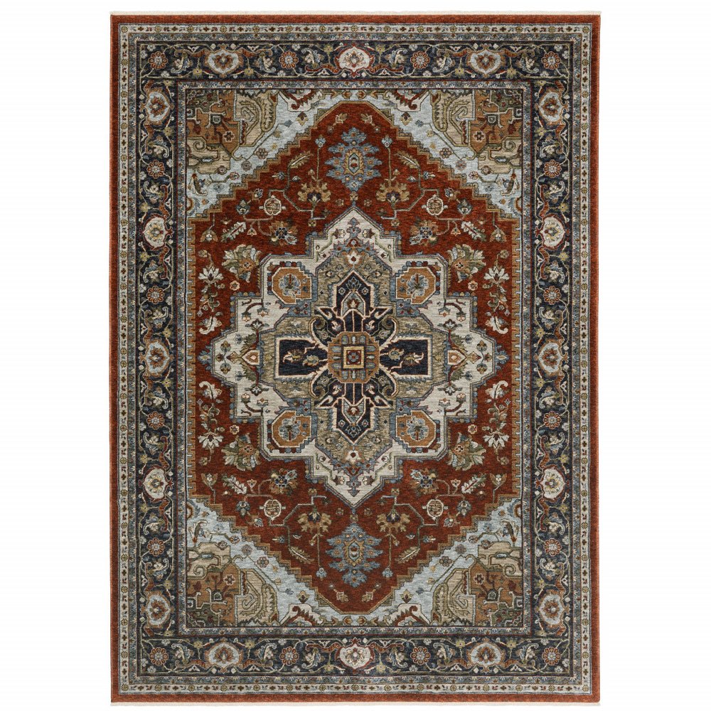7' X 10' Red And Blue Oriental Area Rug With Fringe