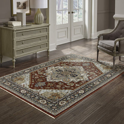 7' X 10' Red And Blue Oriental Area Rug With Fringe