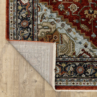 7' X 10' Red And Blue Oriental Area Rug With Fringe