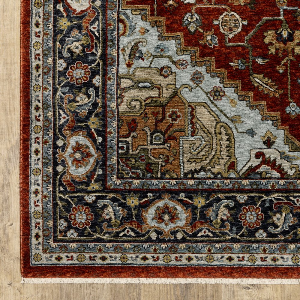 7' X 10' Red And Blue Oriental Area Rug With Fringe