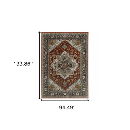 8' X 11' Blue Beige Grey Gold Green And Rust Red Oriental Power Loom Stain Resistant Area Rug With Fringe