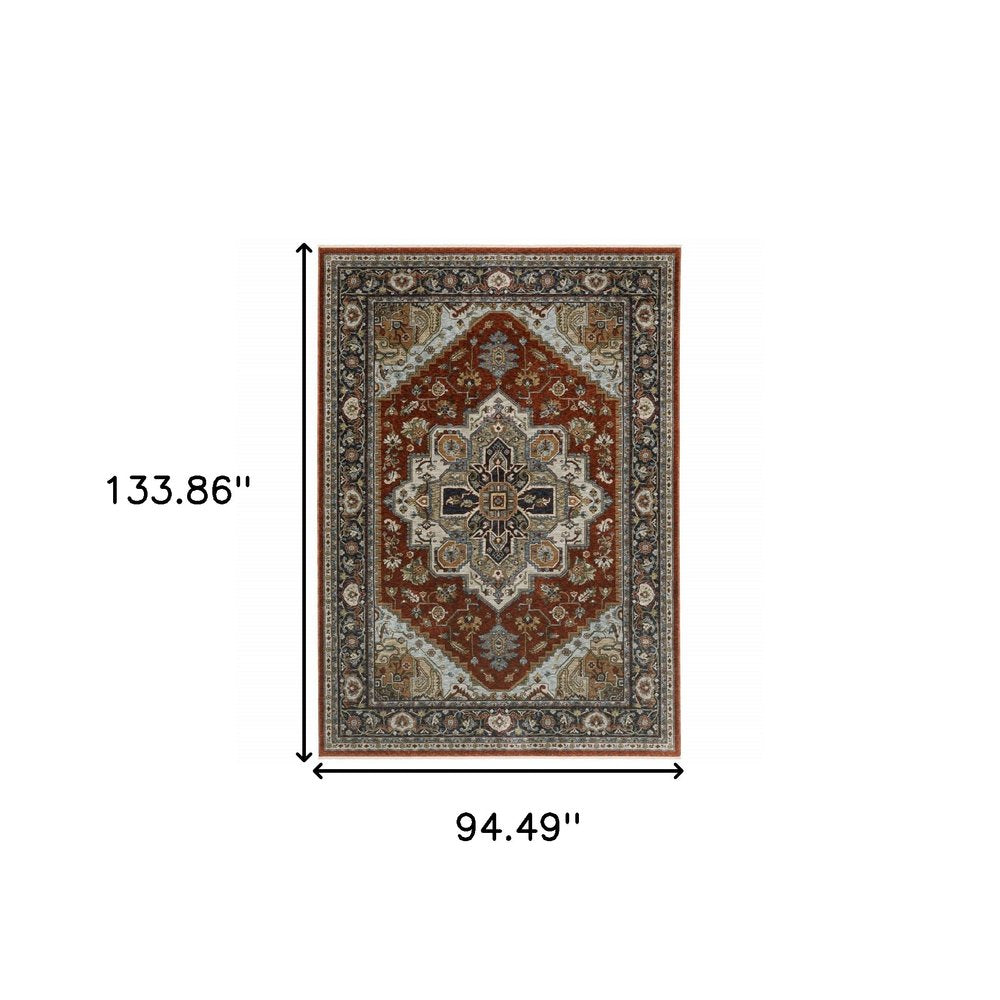 8' X 11' Red And Blue Oriental Area Rug With Fringe
