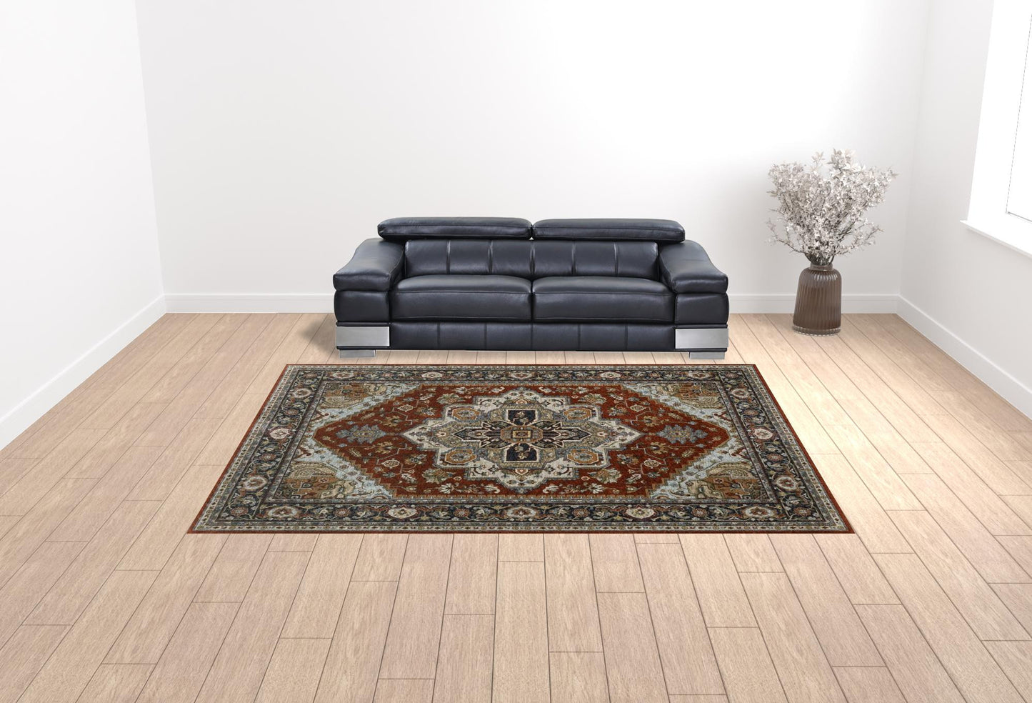 10' X 13' Blue Beige Grey Gold Green And Rust Red Oriental Power Loom Stain Resistant Area Rug With Fringe