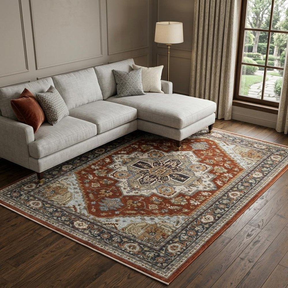 10' X 13' Red And Blue Oriental Area Rug With Fringe