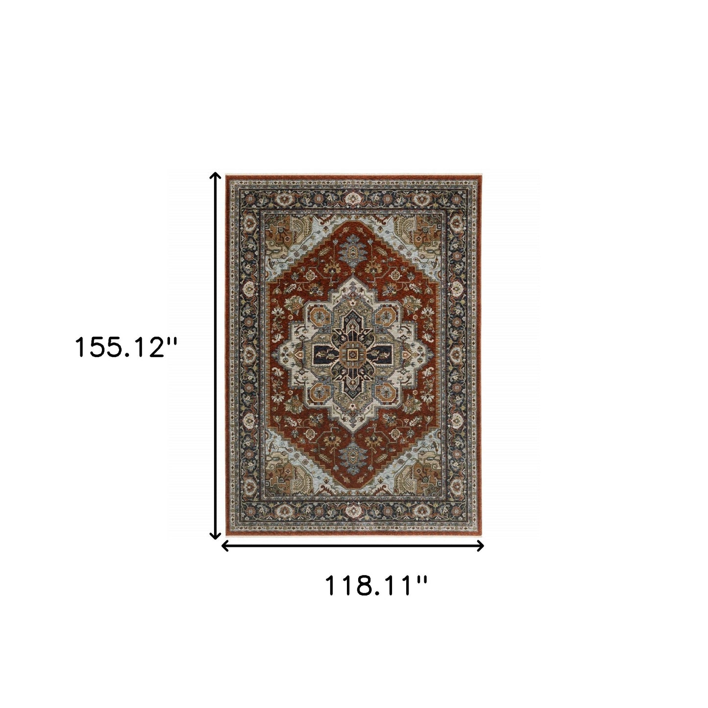 10' X 13' Blue Beige Grey Gold Green And Rust Red Oriental Power Loom Stain Resistant Area Rug With Fringe