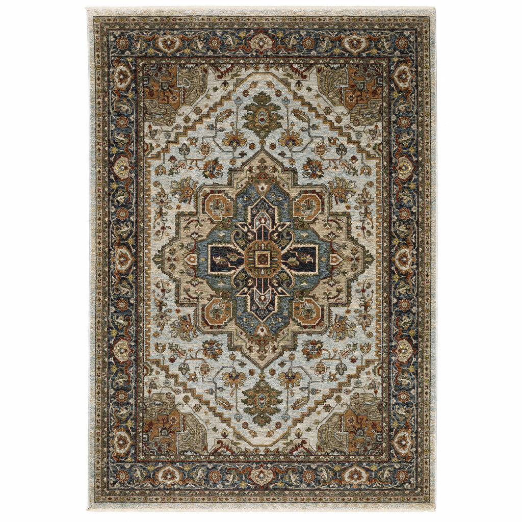 2' X 3' Ivory Beige Blue Orange Gold Green Grey And Rust Oriental Power Loom Stain Resistant Area Rug With Fringe