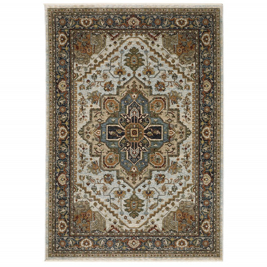 2' X 3' Ivory Beige Blue Orange Gold Green Grey And Rust Oriental Power Loom Stain Resistant Area Rug With Fringe