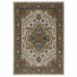 2' X 3' Ivory Beige Blue Orange Gold Green Grey And Rust Oriental Power Loom Stain Resistant Area Rug With Fringe