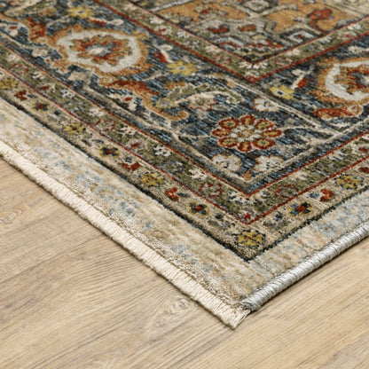 2' X 3' Ivory Beige Blue Orange Gold Green Grey And Rust Oriental Power Loom Stain Resistant Area Rug With Fringe