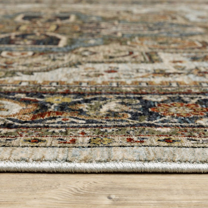 2' X 3' Ivory Beige Blue Orange Gold Green Grey And Rust Oriental Power Loom Stain Resistant Area Rug With Fringe