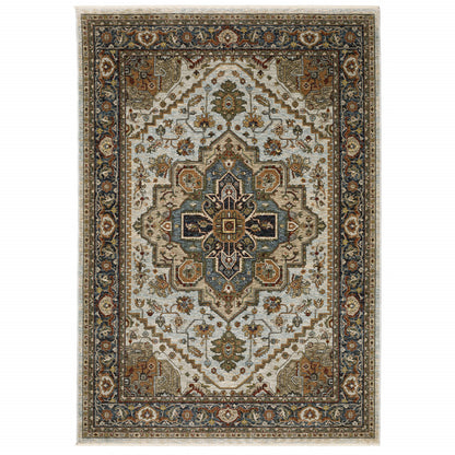 5' X 8' Ivory Beige Blue Orange Gold Green Grey And Rust Oriental Power Loom Stain Resistant Area Rug With Fringe