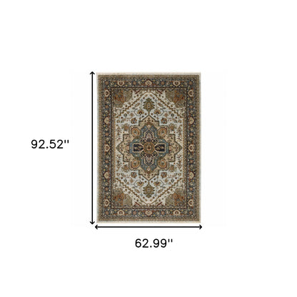 5' X 8' Ivory Beige Blue Orange Gold Green Grey And Rust Oriental Power Loom Stain Resistant Area Rug With Fringe