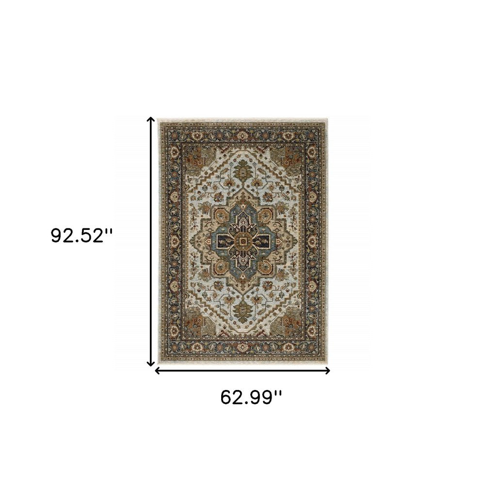5' X 8' Ivory And Blue Oriental Area Rug With Fringe
