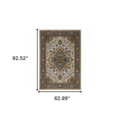 5' X 8' Ivory And Blue Oriental Area Rug With Fringe