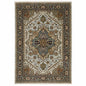 5' X 8' Ivory And Blue Oriental Area Rug With Fringe