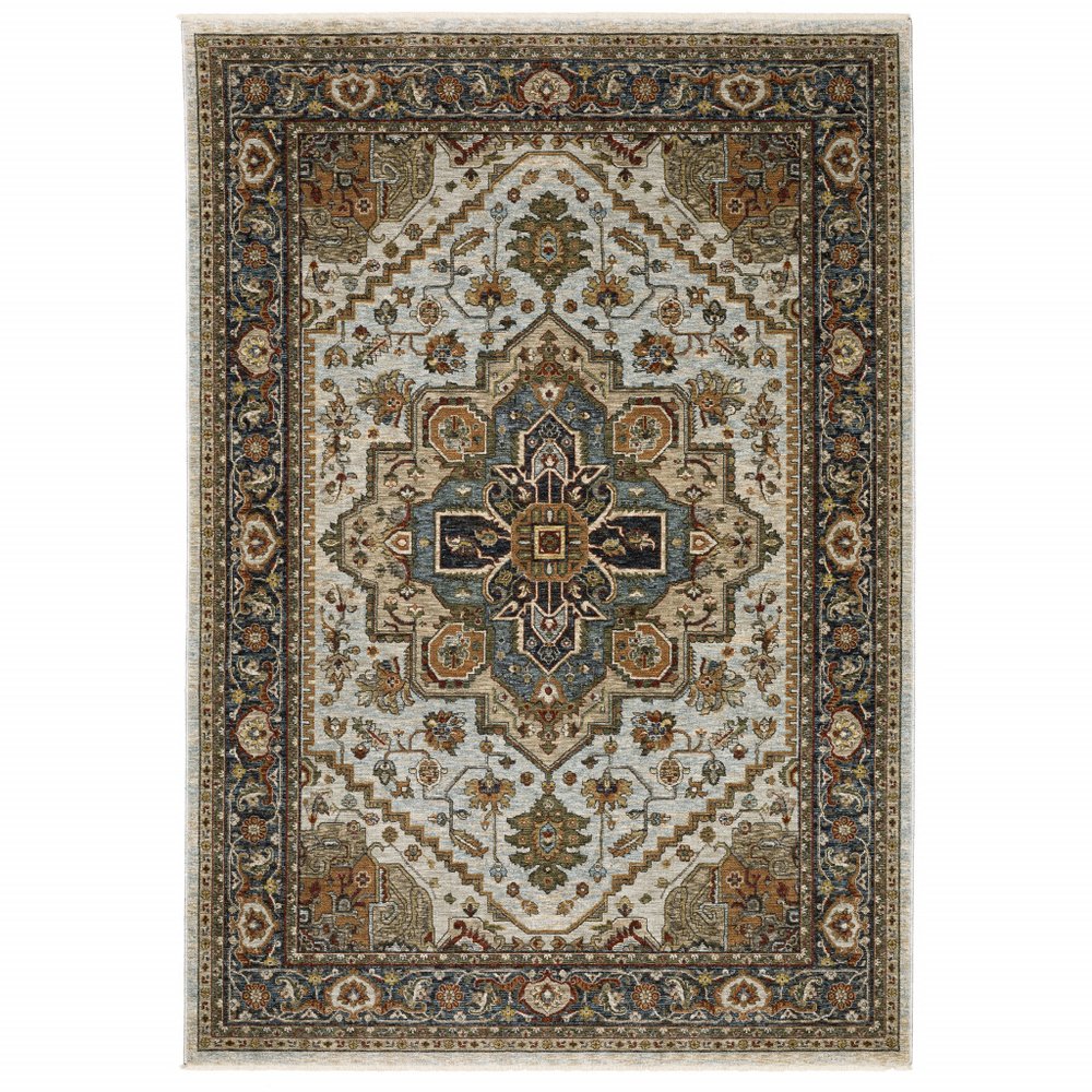 5' X 8' Ivory And Blue Oriental Area Rug With Fringe