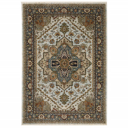 5' X 8' Ivory And Blue Oriental Area Rug With Fringe