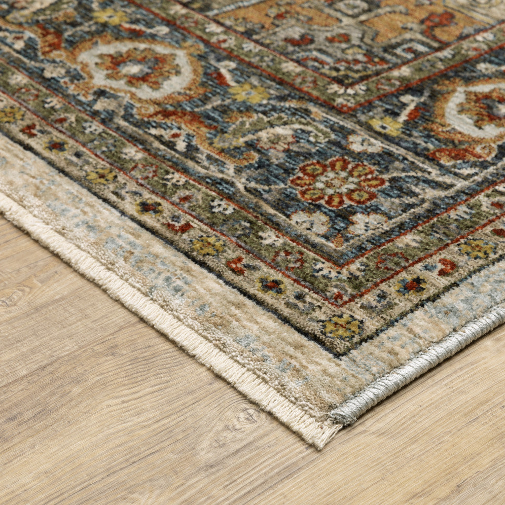 5' X 8' Ivory Beige Blue Orange Gold Green Grey And Rust Oriental Power Loom Stain Resistant Area Rug With Fringe