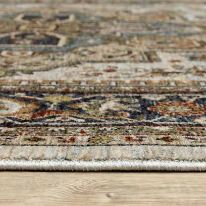 5' X 8' Ivory Beige Blue Orange Gold Green Grey And Rust Oriental Power Loom Stain Resistant Area Rug With Fringe