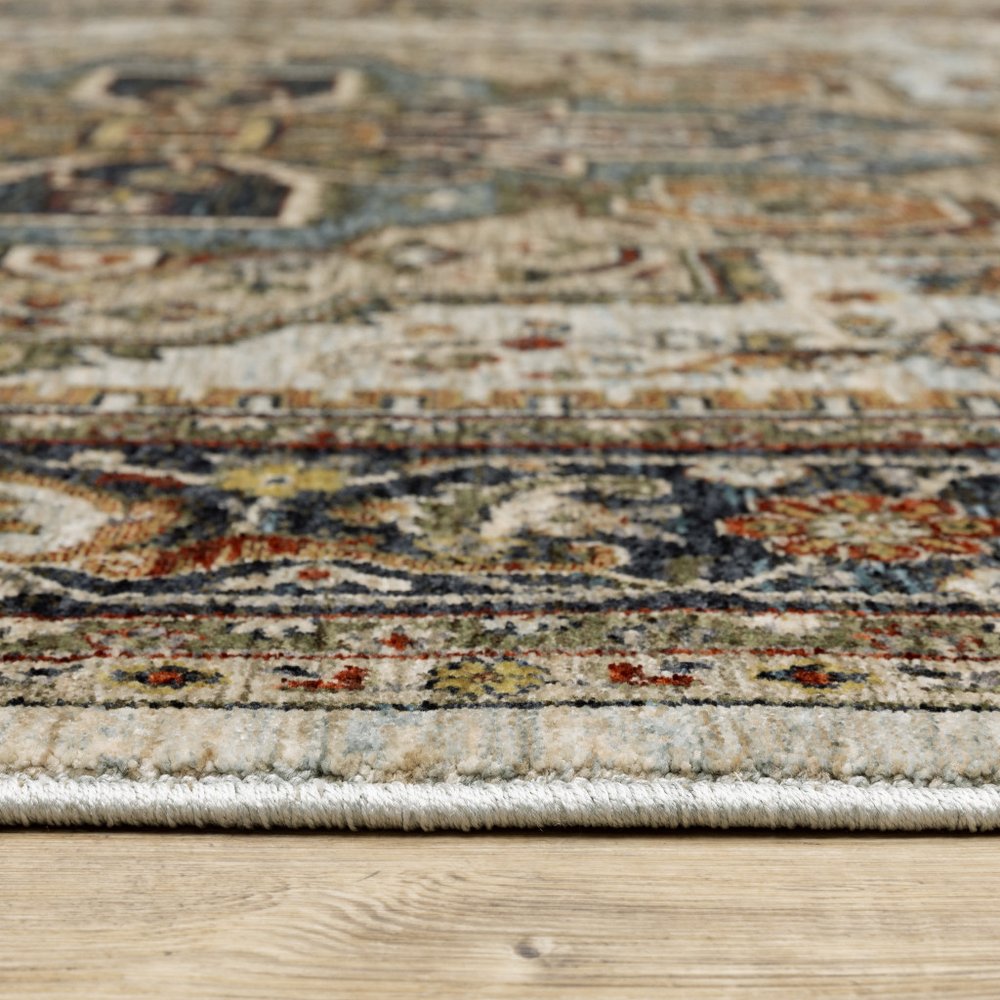 5' X 8' Ivory And Blue Oriental Area Rug With Fringe