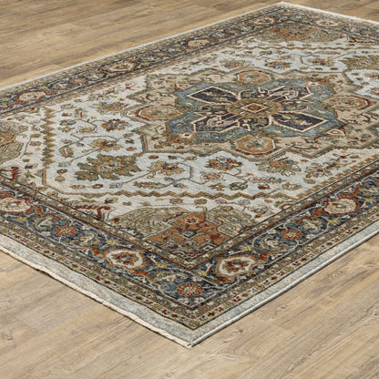 5' X 8' Ivory And Blue Oriental Area Rug With Fringe