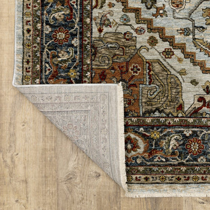 5' X 8' Ivory And Blue Oriental Area Rug With Fringe