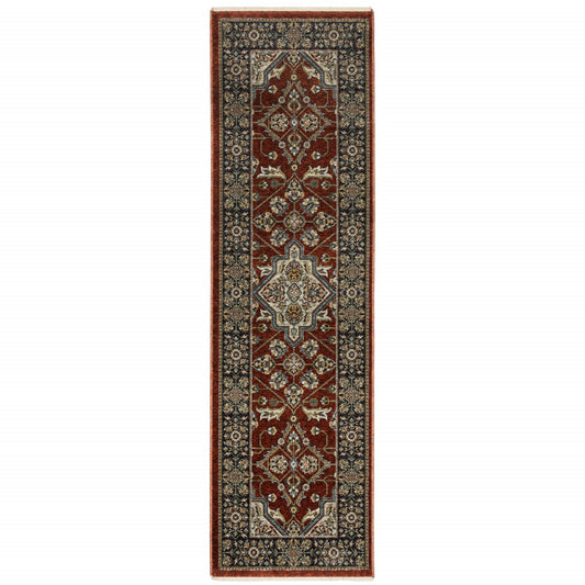 2' X 8' Red Ivory Blue Navy Gold And Grey Oriental Power Loom Stain Resistant Runner Rug With Fringe