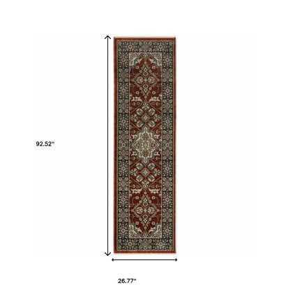 2' X 8' Red Ivory Blue Navy Gold And Grey Oriental Power Loom Stain Resistant Runner Rug With Fringe