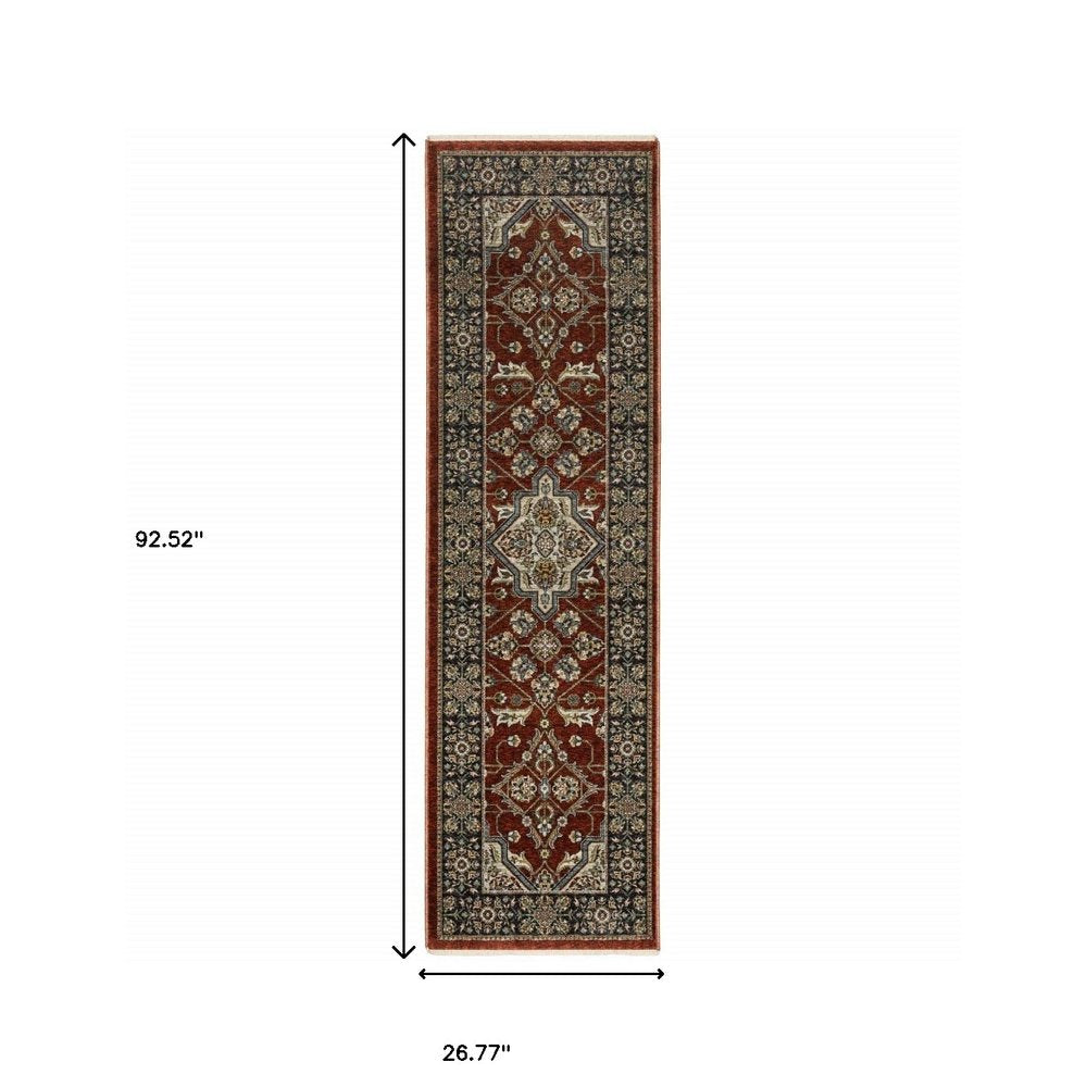 2' X 8' Red Ivory Blue Navy Gold And Grey Oriental Power Loom Stain Resistant Runner Rug With Fringe