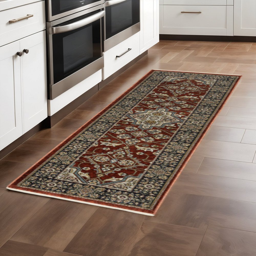 2' X 8' Red Ivory Blue Navy Gold And Grey Oriental Power Loom Stain Resistant Runner Rug With Fringe