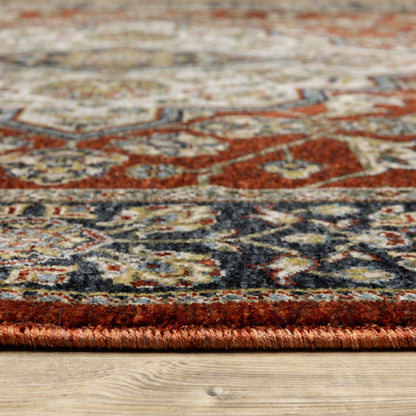 2' X 8' Red Ivory Blue Navy Gold And Grey Oriental Power Loom Stain Resistant Runner Rug With Fringe