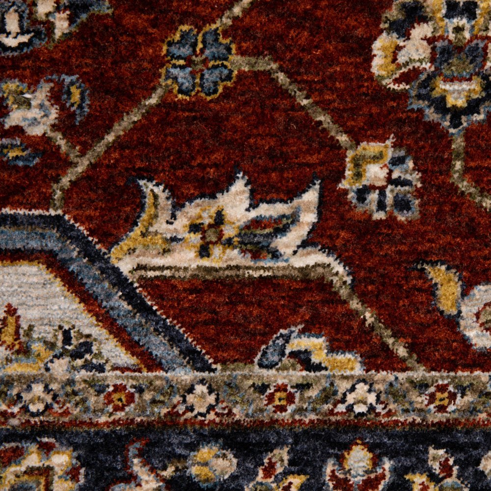2' X 8' Red Ivory Blue Navy Gold And Grey Oriental Power Loom Stain Resistant Runner Rug With Fringe