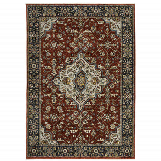 2' X 3' Red Ivory Blue Navy Gold And Grey Oriental Power Loom Stain Resistant Area Rug With Fringe