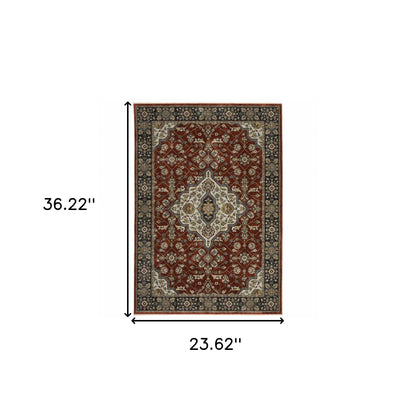 2' X 3' Red Ivory Blue Navy Gold And Grey Oriental Power Loom Stain Resistant Area Rug With Fringe