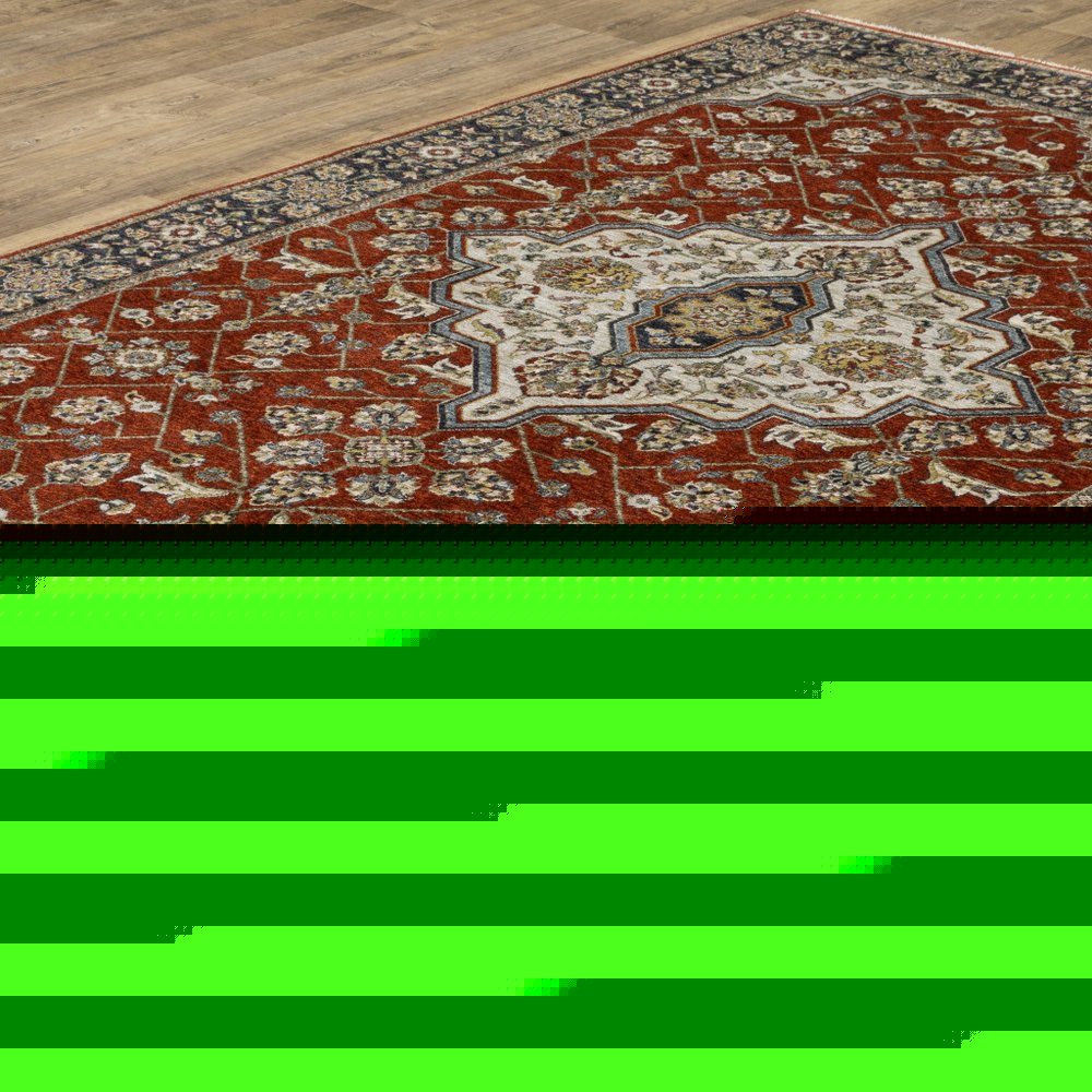 2' X 3' Red Ivory Blue Navy Gold And Grey Oriental Power Loom Stain Resistant Area Rug With Fringe