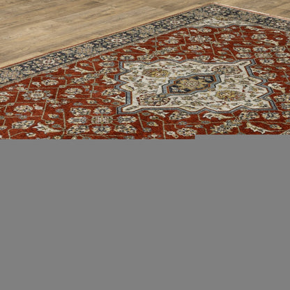 2' X 3' Red Ivory Blue Navy Gold And Grey Oriental Power Loom Stain Resistant Area Rug With Fringe