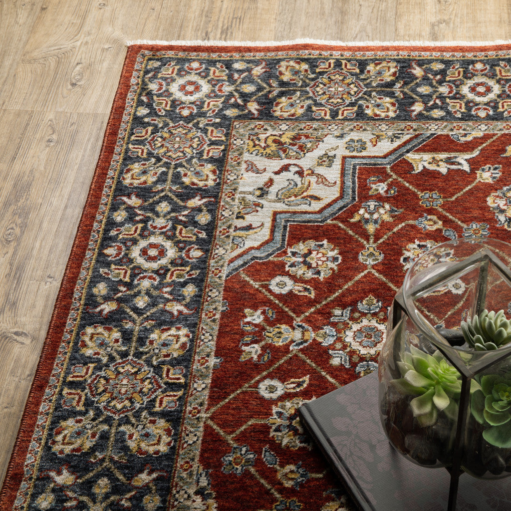 2' X 3' Red Ivory Blue Navy Gold And Grey Oriental Power Loom Stain Resistant Area Rug With Fringe