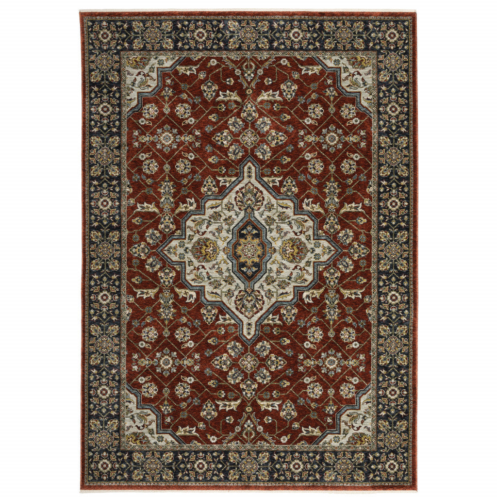 Blue And Red Oriental Power Loom Area Rug With Fringe