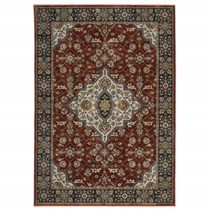 Blue And Red Oriental Power Loom Area Rug With Fringe