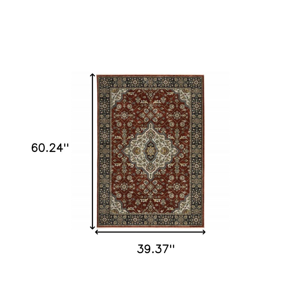 3' X 5' Red And Ivory Oriental Area Rug With Fringe