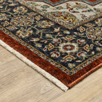 Blue And Red Oriental Power Loom Area Rug With Fringe