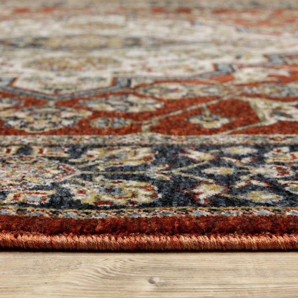 Blue And Red Oriental Power Loom Area Rug With Fringe