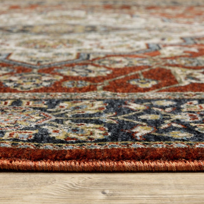 5' X 8' Red Ivory Blue Navy Gold And Grey Oriental Power Loom Stain Resistant Area Rug With Fringe