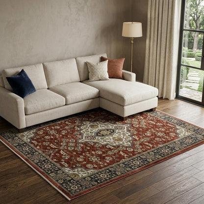 7' X 10' Red And Blue Oriental Area Rug With Fringe