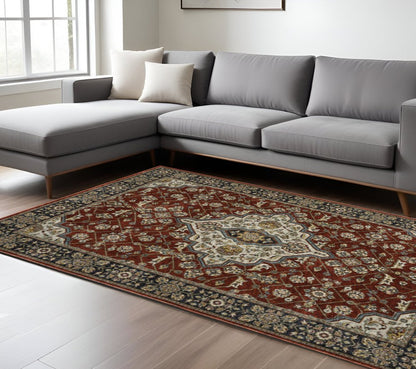 7' X 10' Red And Blue Oriental Area Rug With Fringe