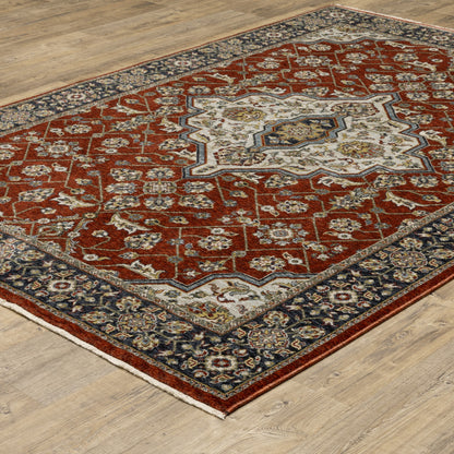 7' X 10' Red and Ivory Oriental Power Loom Area Rug With Fringe