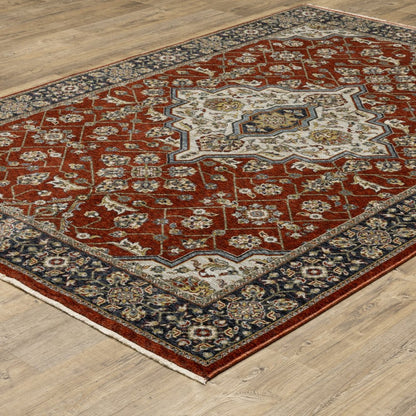 7' X 10' Red And Blue Oriental Area Rug With Fringe